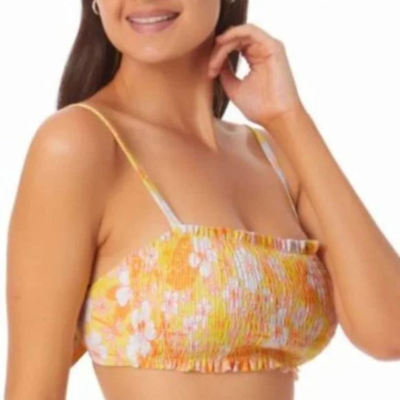 California Waves Floral Print Smocked Bandeau Bikini Top Yellow S - Picture 6 of 13